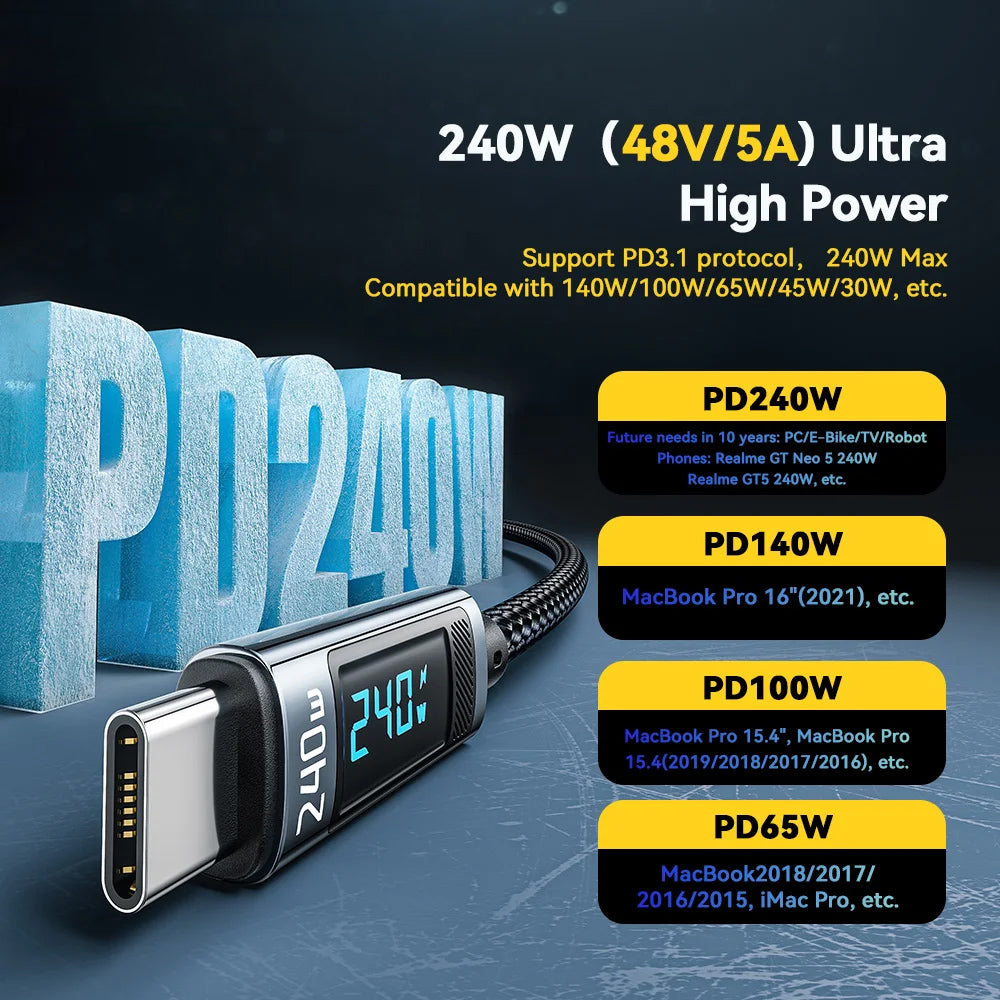 240W USB Type C To USB C Cable 100W PD 3.1 Fast Charging Charger Wire For iPhone 15 Pro max Macbook Pro Xiaomi Samsung