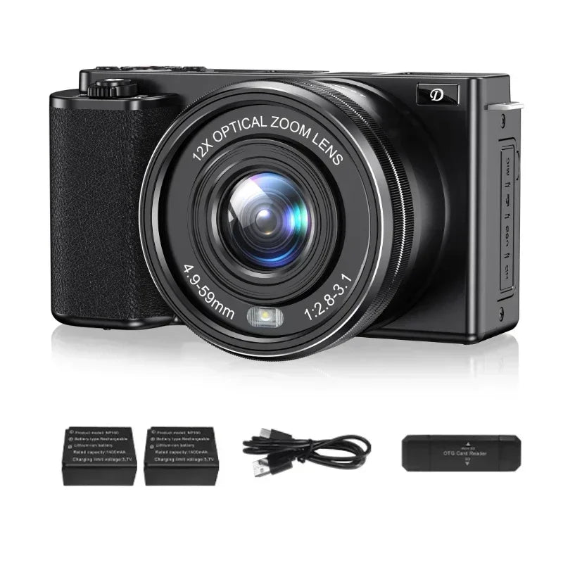 4K Digital Cameras for Photography 12X Optical Zoom Vlog Video Camera for YouTube 64MP WiFi Auto Focus Livestream DSLR Camera