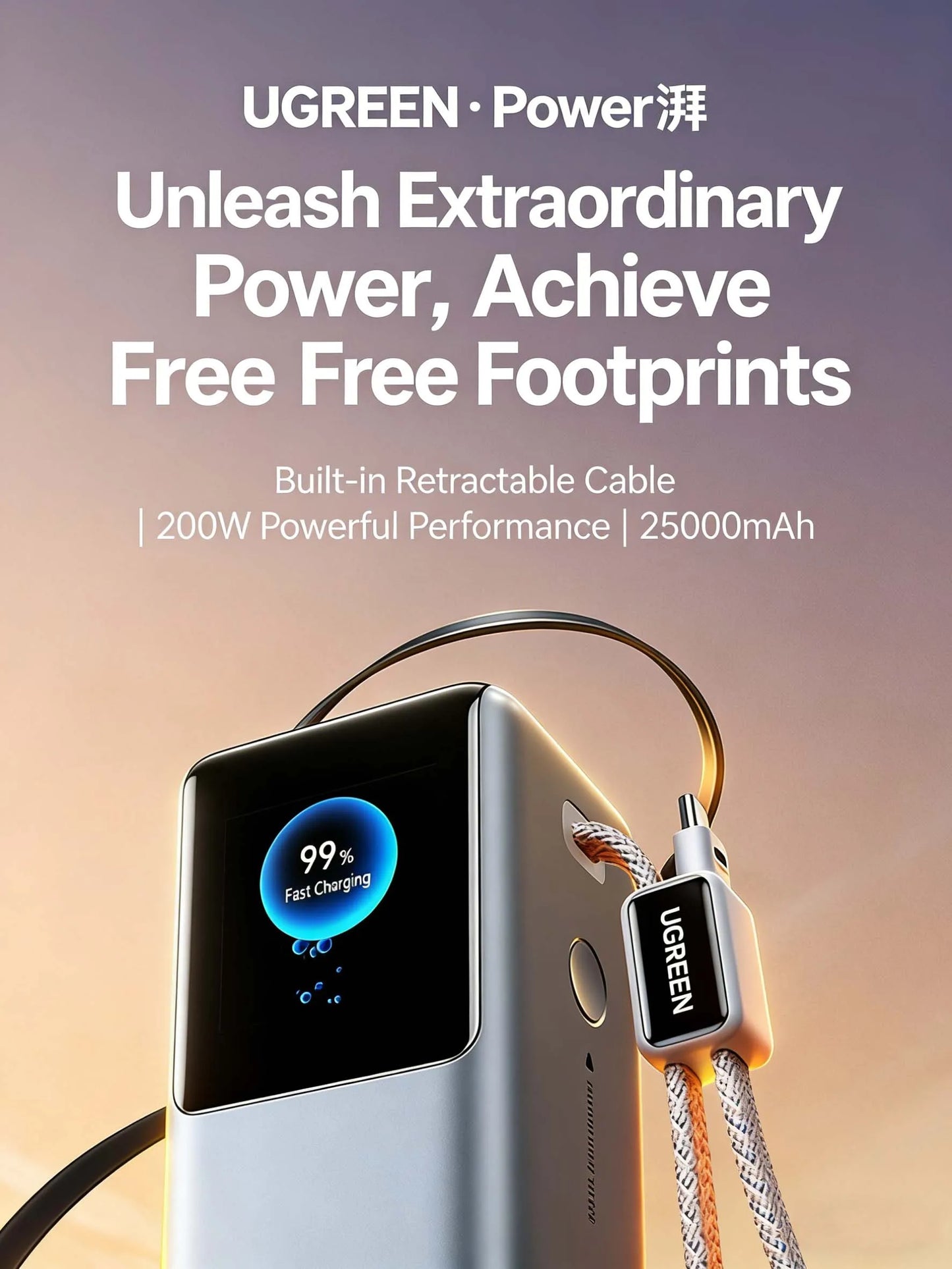 UGREEN Laptop Power Bank, 25000mAh Portable Charger with 200W 3C1A Ports, Built-in Retractable Cables
