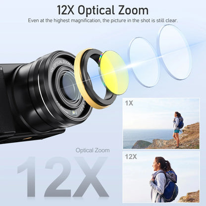 4K Digital Cameras for Photography 12X Optical Zoom Vlog Video Camera for YouTube 64MP WiFi Auto Focus Livestream DSLR Camera