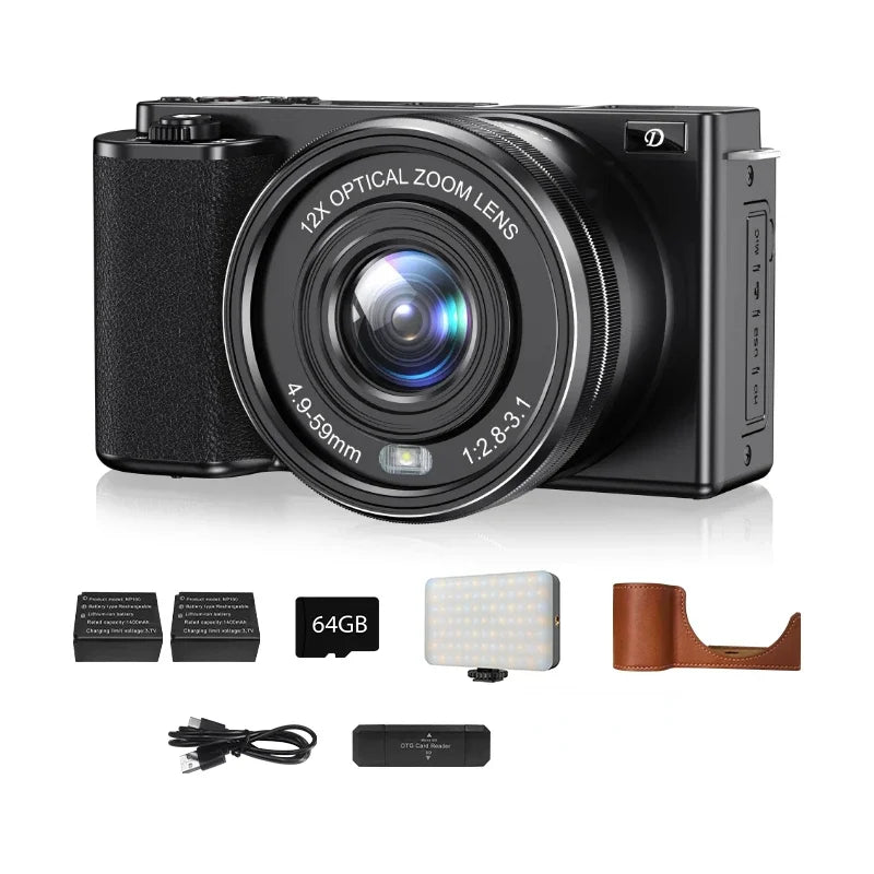 4K Digital Cameras for Photography 12X Optical Zoom Vlog Video Camera for YouTube 64MP WiFi Auto Focus Livestream DSLR Camera
