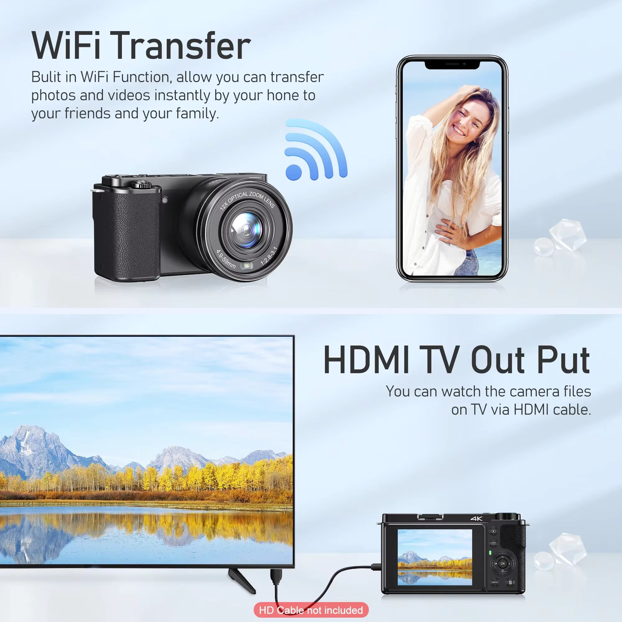 4K Digital Cameras for Photography 12X Optical Zoom Vlog Video Camera for YouTube 64MP WiFi Auto Focus Livestream DSLR Camera