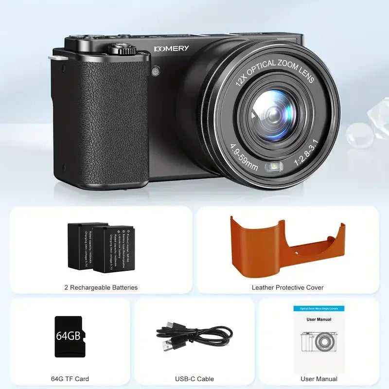 4K Digital Cameras for Photography 12X Optical Zoom Vlog Video Camera for YouTube 64MP WiFi Auto Focus Livestream DSLR Camera