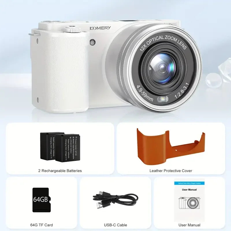 4K Digital Cameras for Photography 12X Optical Zoom Vlog Video Camera for YouTube 64MP WiFi Auto Focus Livestream DSLR Camera